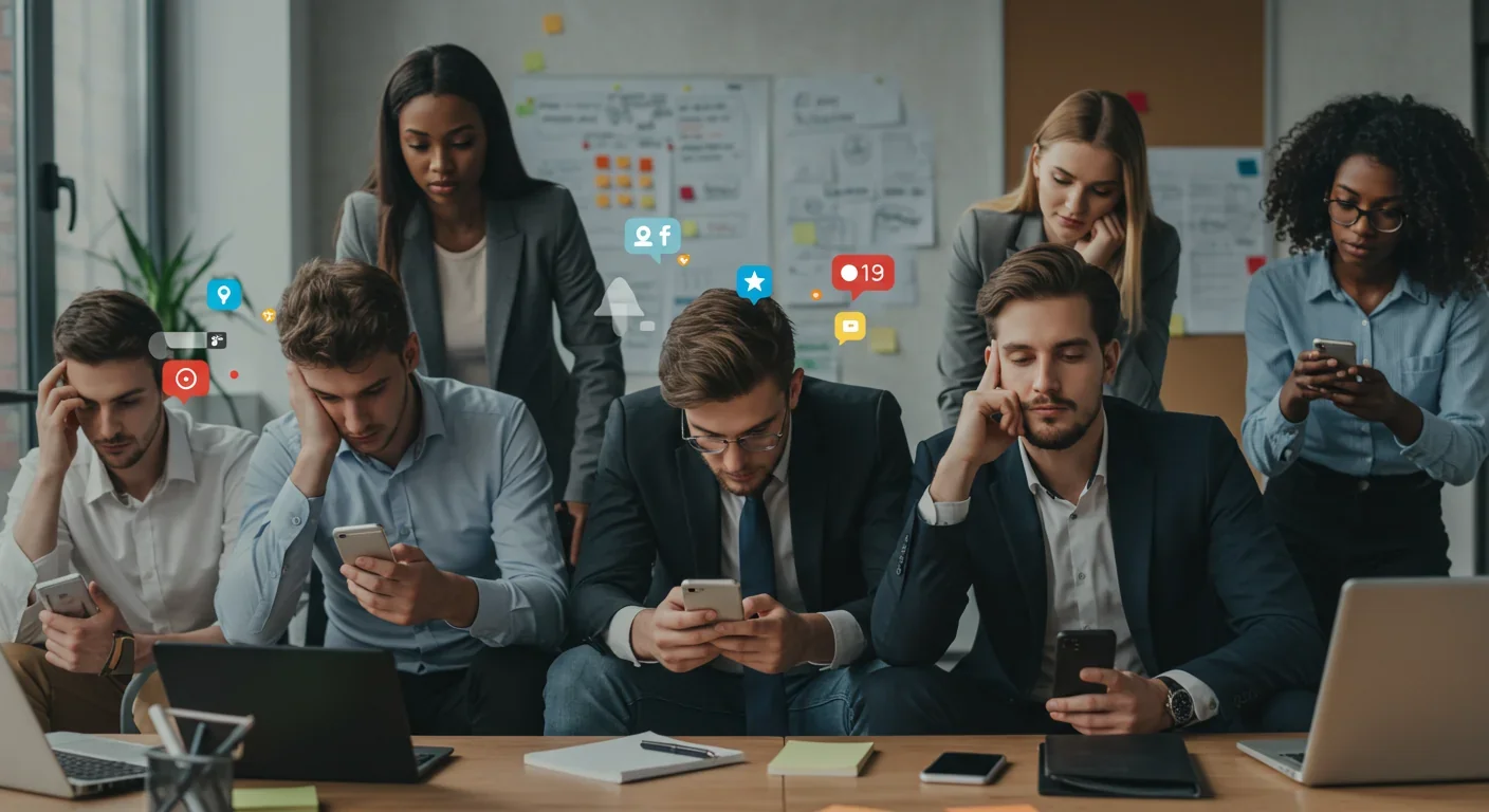 Young professionals distracted by smartphone notifications in a busy office environment illustrating digital attention loss