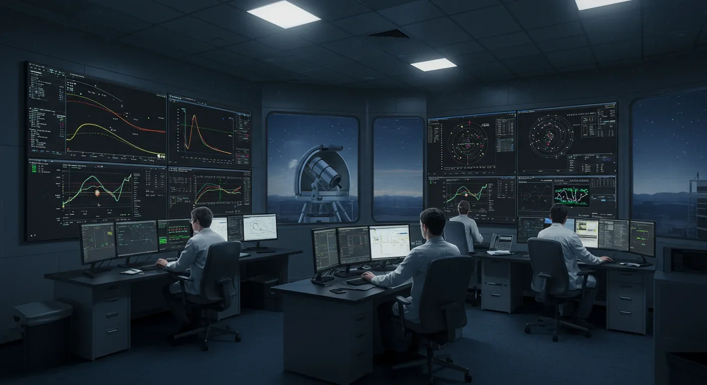 Astronomers analyzing exoplanet data in observatory control room at night