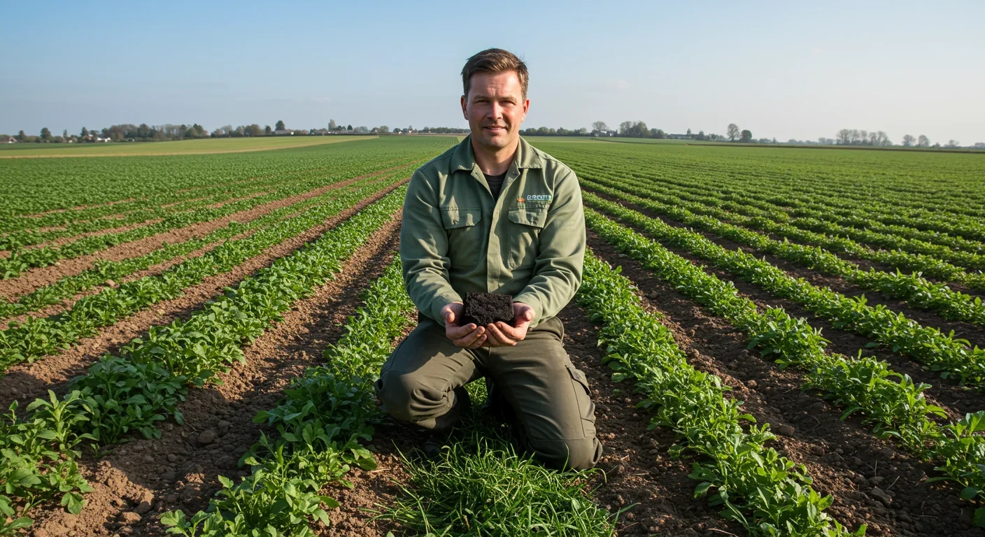 Farmer holding biochar in hands with healthy crops growing in background showing sustainable agriculture