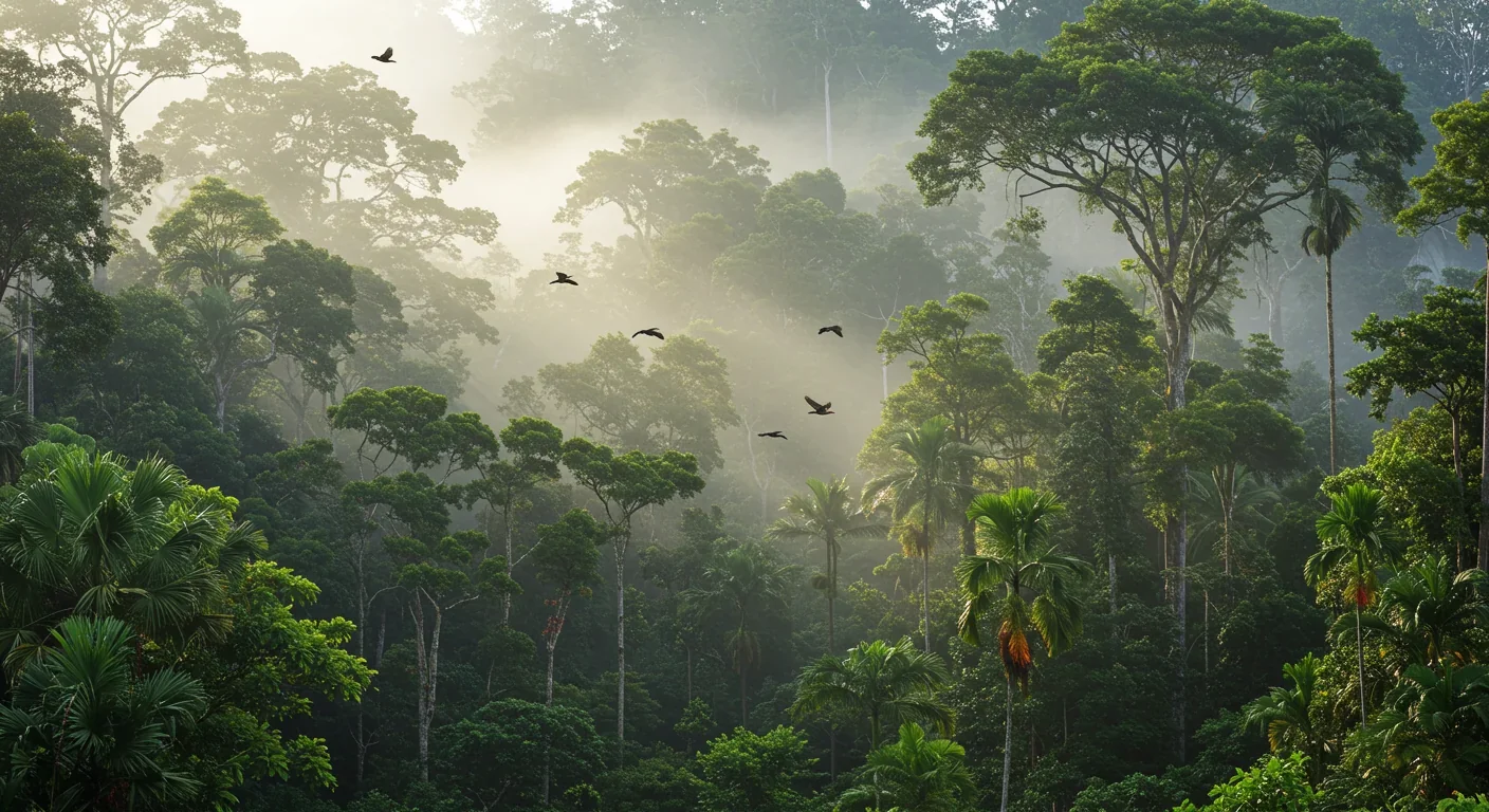 Tropical rainforest canopy at dawn showing the layered biodiversity of a hotspot ecosystem with mist and sunlight