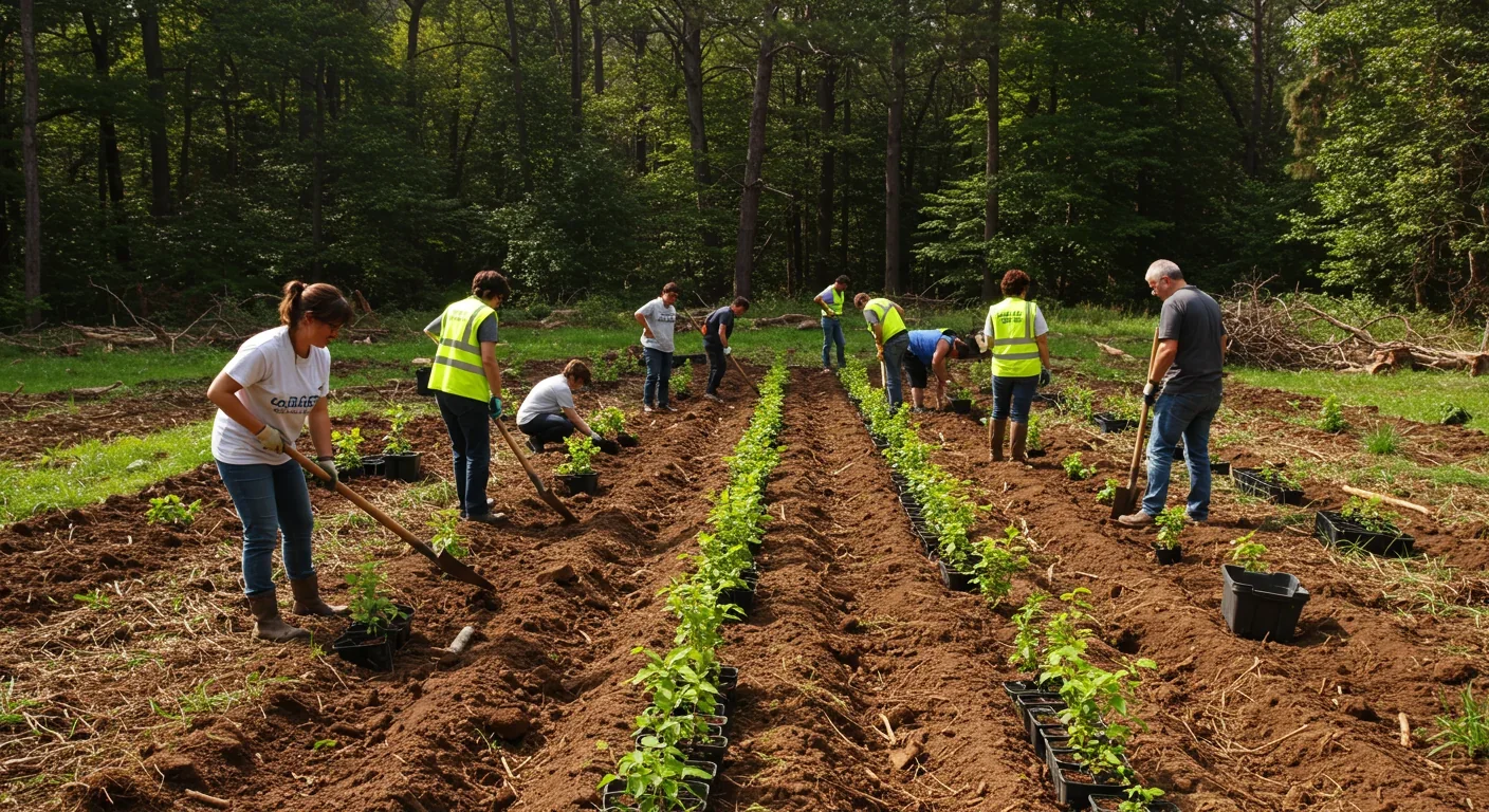 Community volunteers planting native tree saplings in a reforestation project to restore biodiversity hotspot habitat