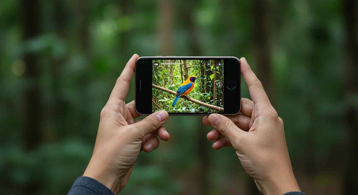 Person using smartphone and citizen science app to document bird species for biodiversity monitoring