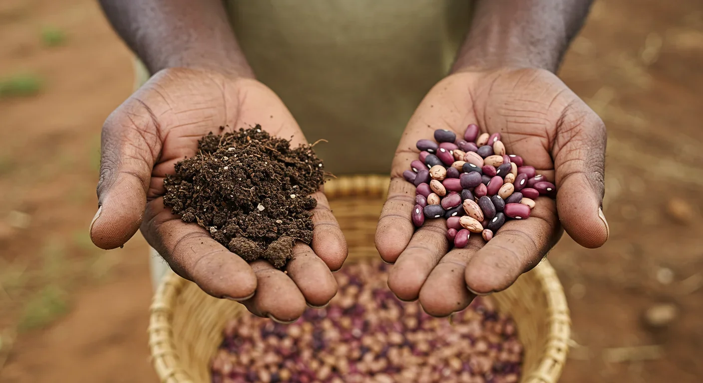Farmer holding iron-enriched biofortified beans and soil from harvest in rural setting