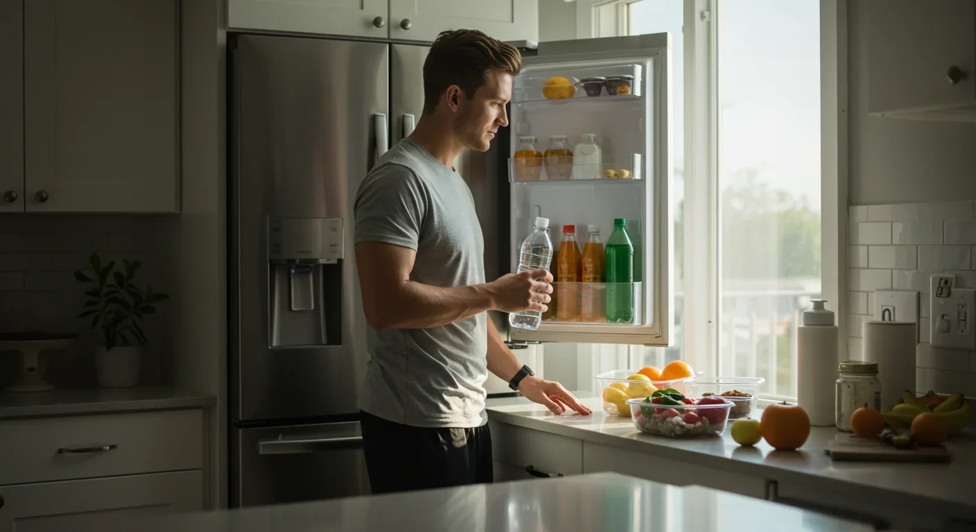 Person practicing intermittent fasting with healthy meal prep in bright modern kitchen