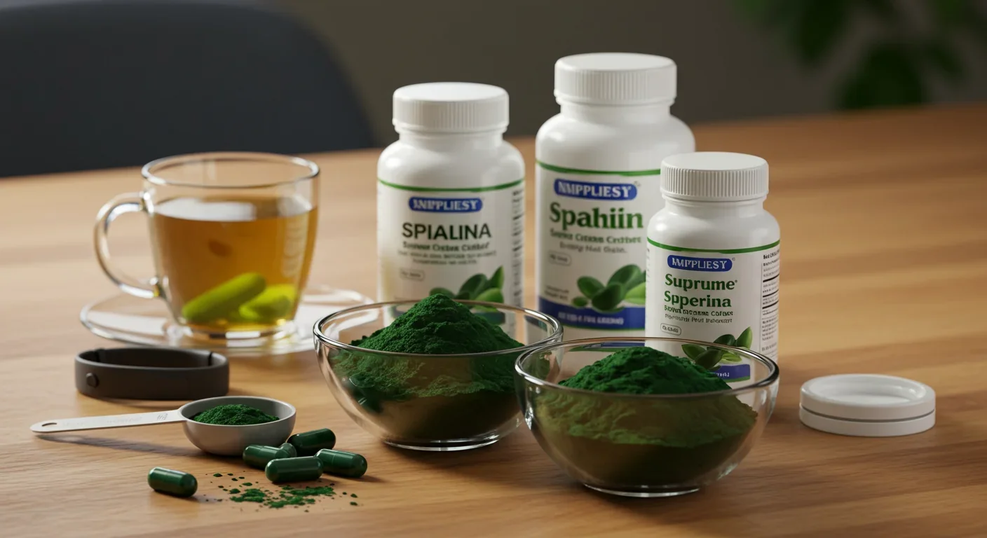 Evidence-based metabolic supplements including spirulina and green tea extract on natural table