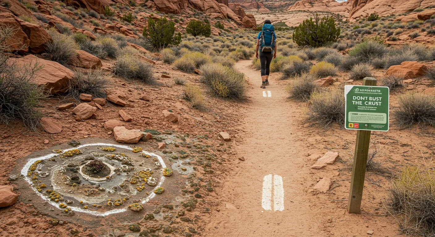 Hiker on trail with educational sign protecting biological soil crusts in desert
