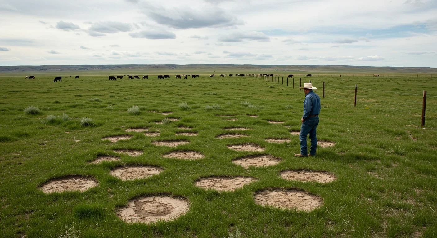 Rancher inspecting rotational grazing area with healthy soil crusts and distant cattle