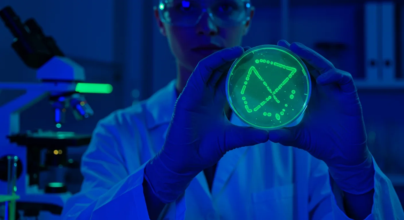 Scientist examining glowing bioluminescent bacteria in laboratory setting