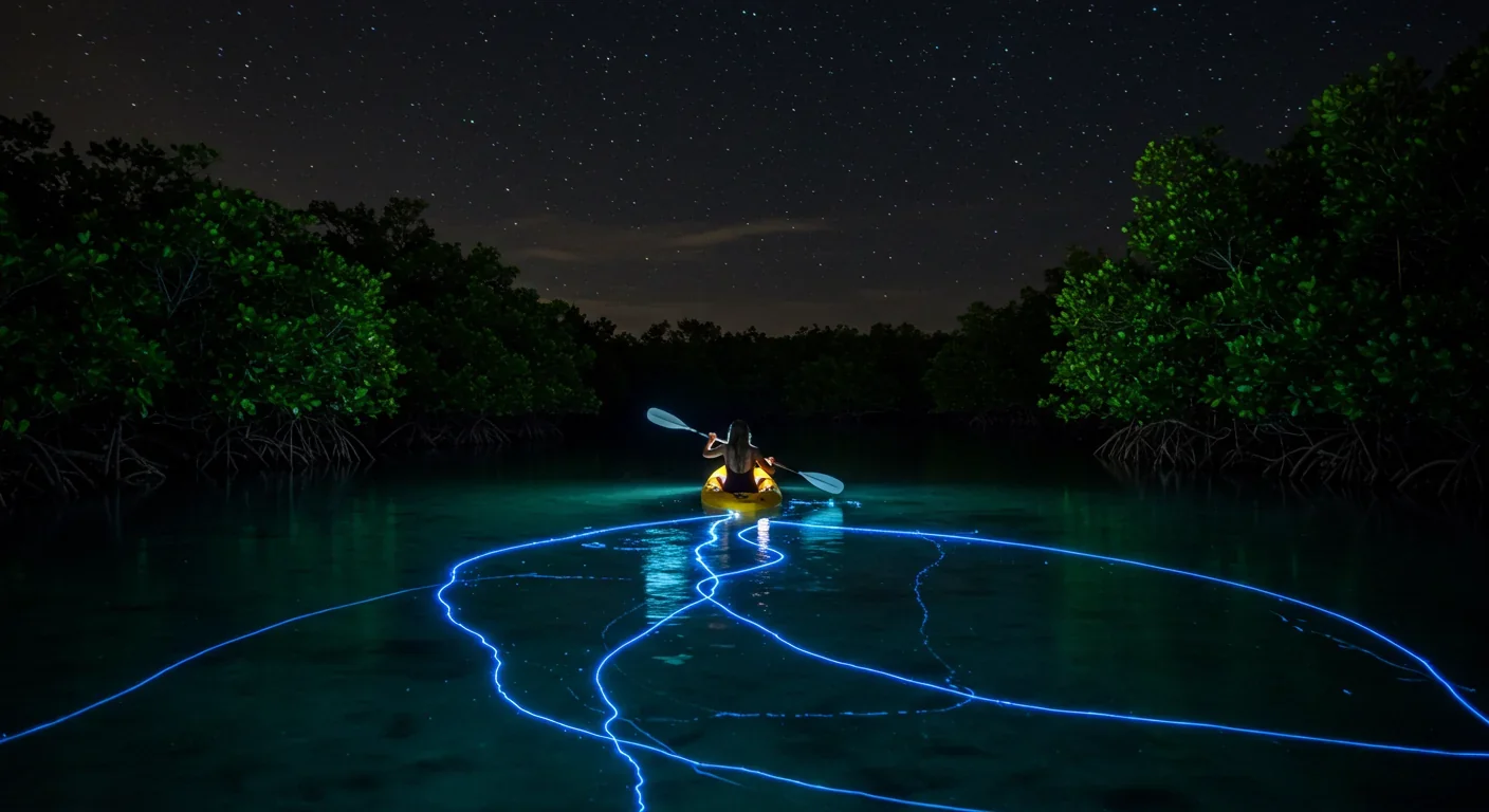 Kayaker creating trails of electric blue bioluminescent light in a tropical bay at night