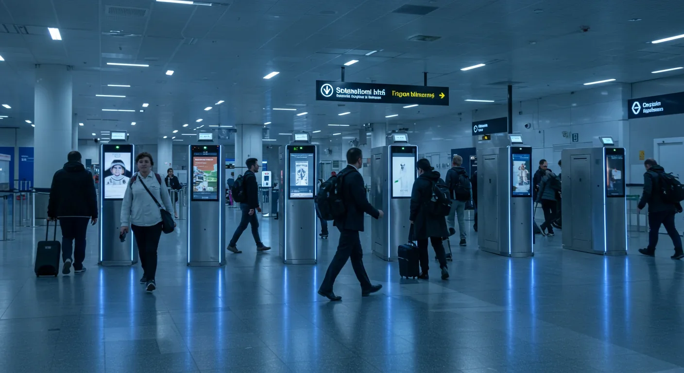 Travelers passing through biometric facial recognition gates at a modern airport immigration checkpoint