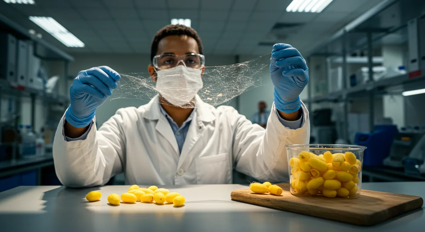 Researcher examining genetically engineered spider silk fiber produced by silkworms as sustainable textile alternative