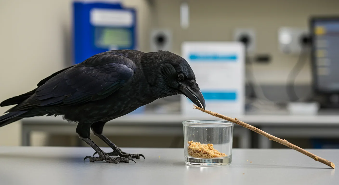 New Caledonian crow demonstrating tool use by manipulating a twig hook to retrieve food from a container