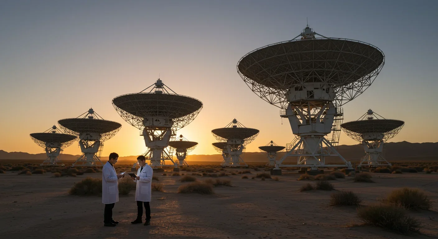 Radio telescope array detecting black hole signals with researchers analyzing real-time data