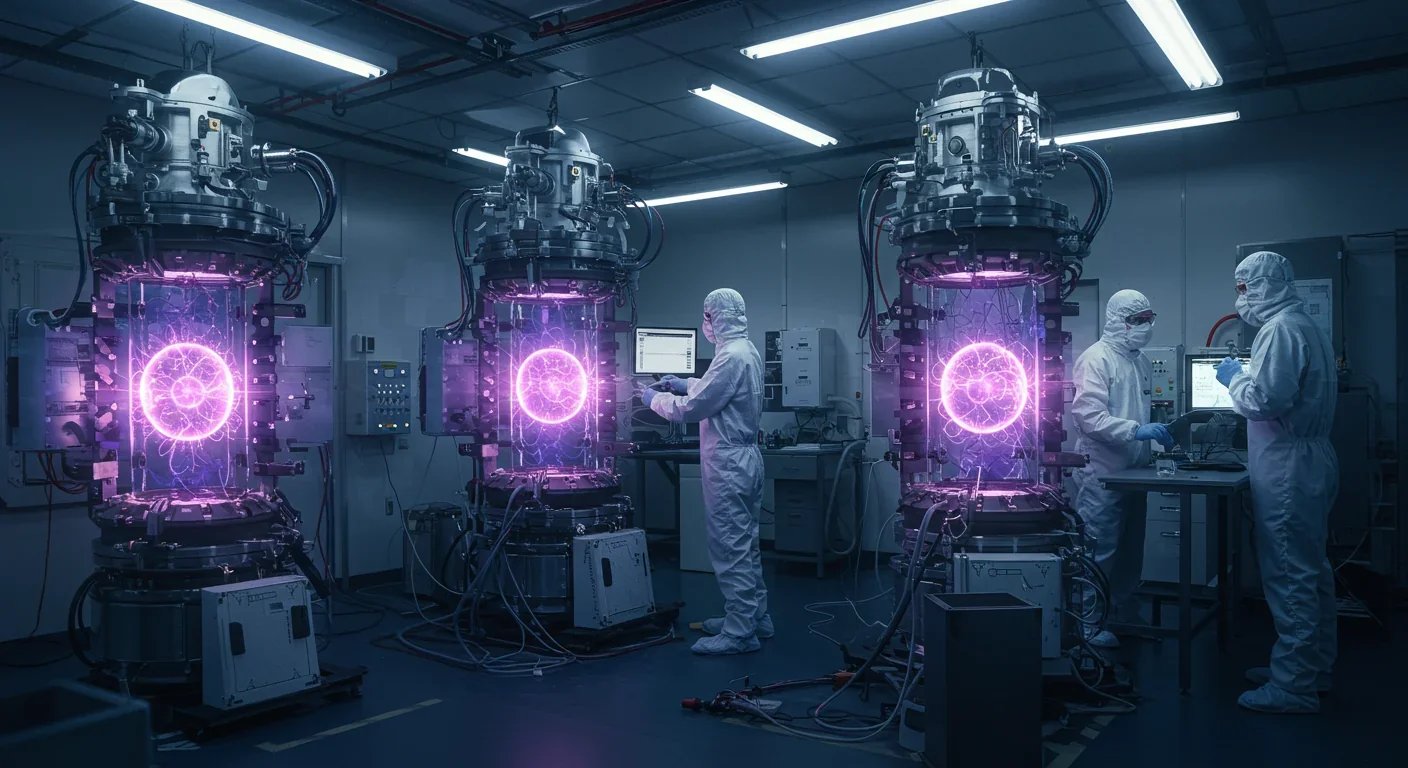 Engineers developing advanced energy extraction technology in high-tech plasma physics laboratory