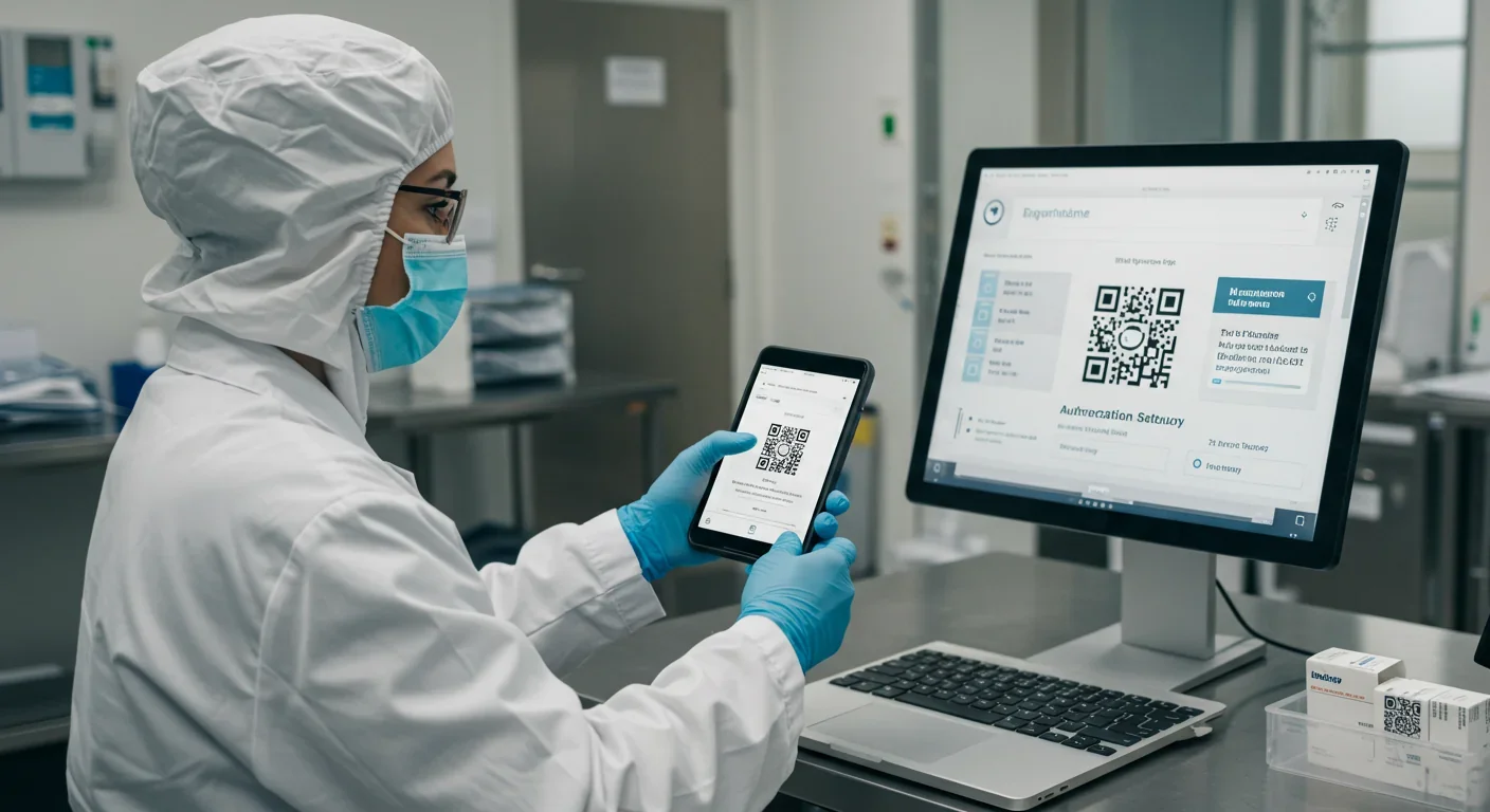 Pharmaceutical technician scanning medicine package QR code to verify authenticity through blockchain system
