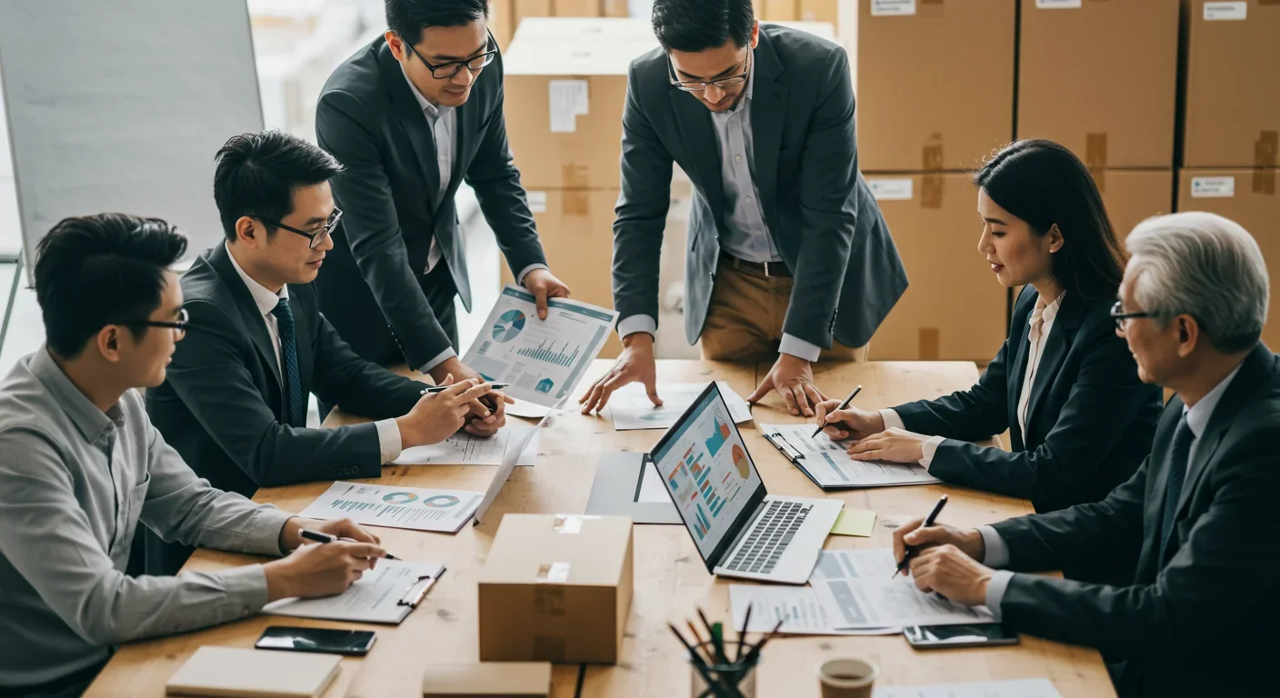 Supply chain executives reviewing real-time blockchain data dashboards during strategic planning meeting