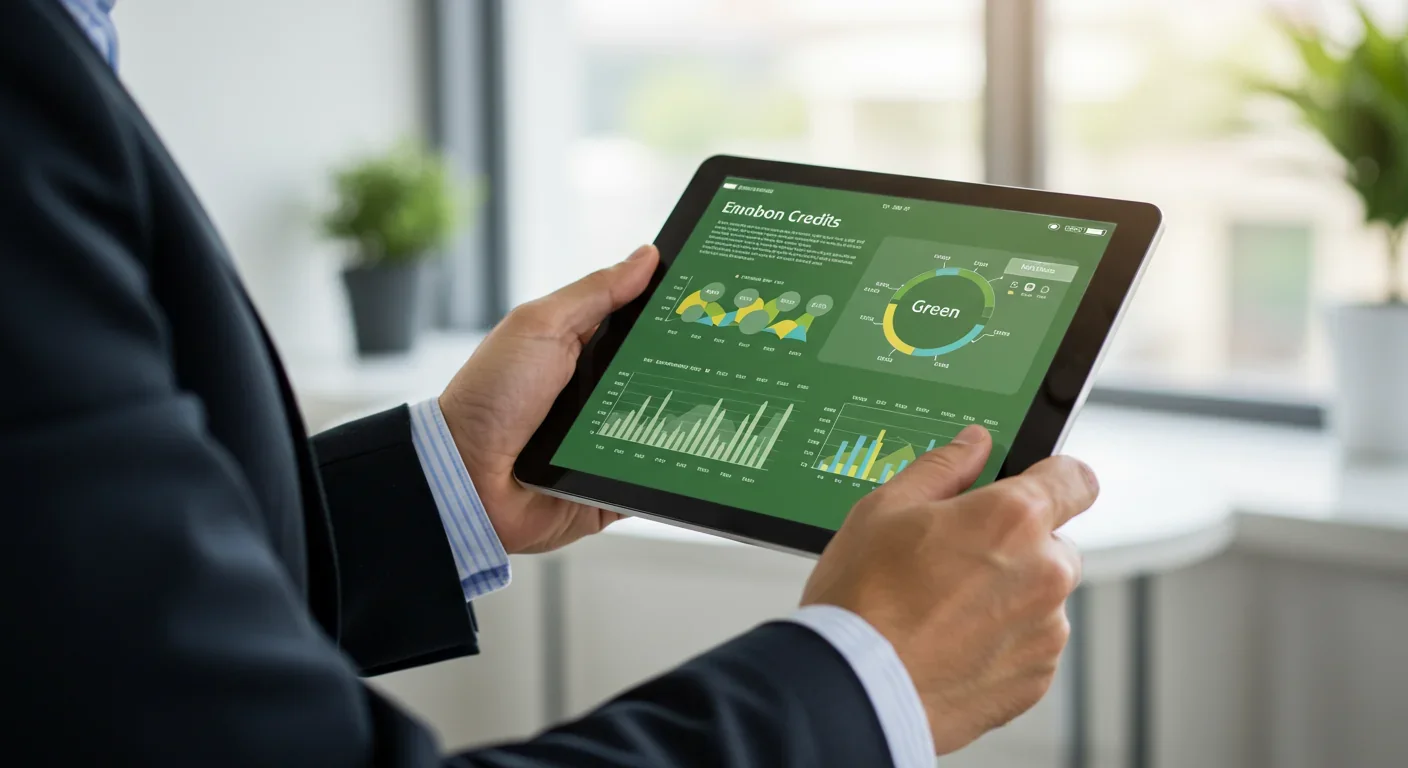 Financial analyst reviewing carbon credit data on tablet device