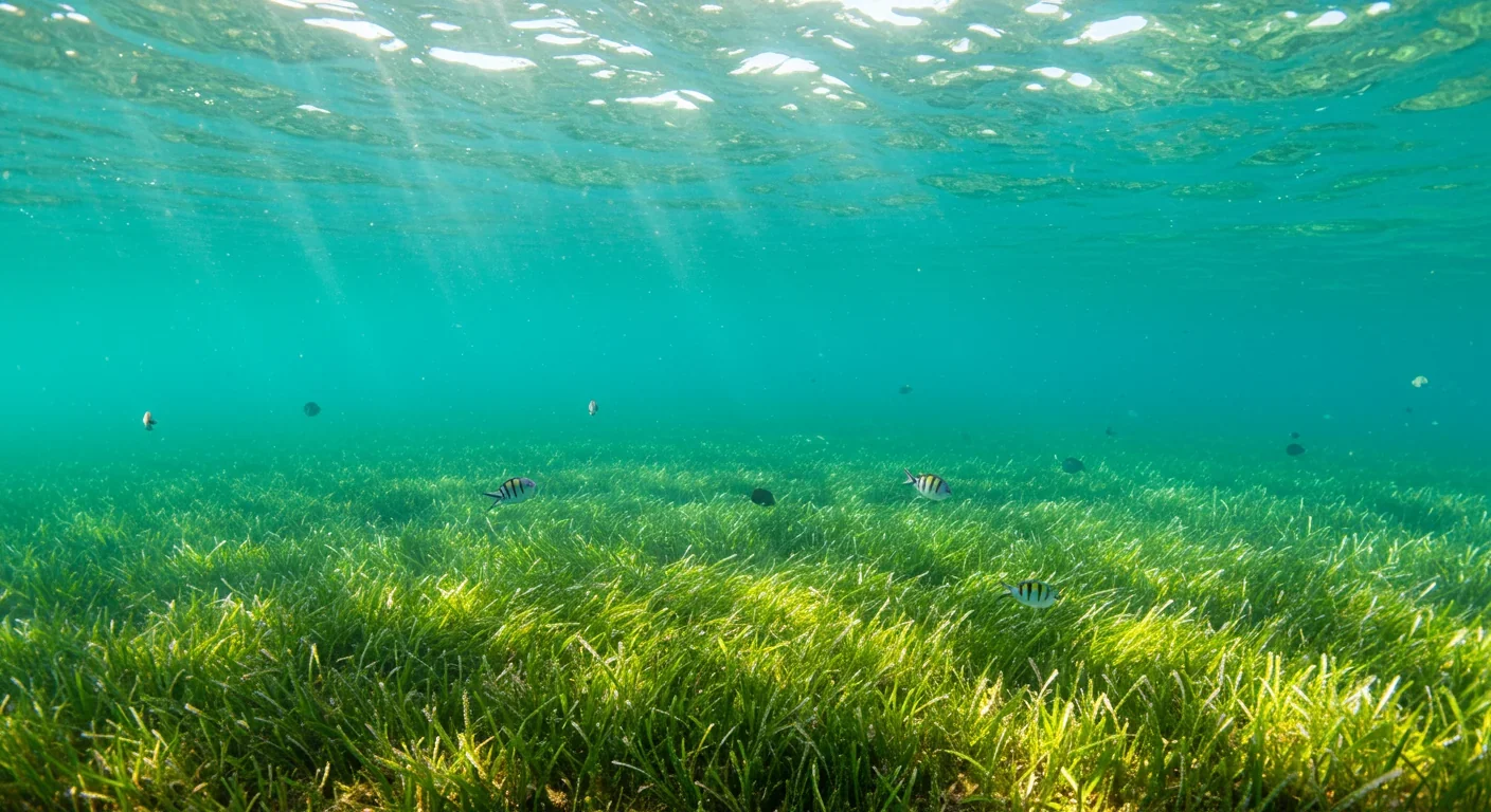 Underwater view of seagrass meadow storing carbon in coastal sediments