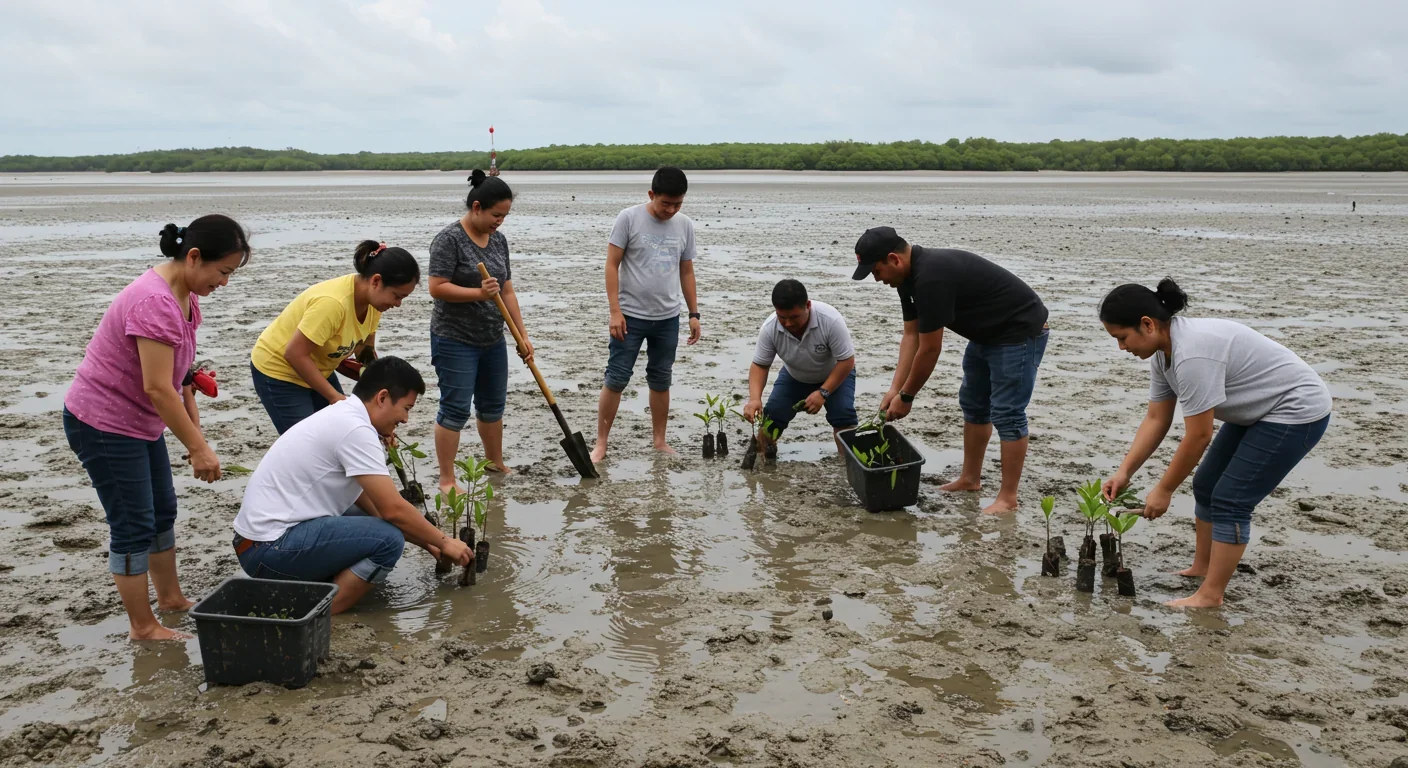 Community members and scientists collaborating on coastal mangrove restoration