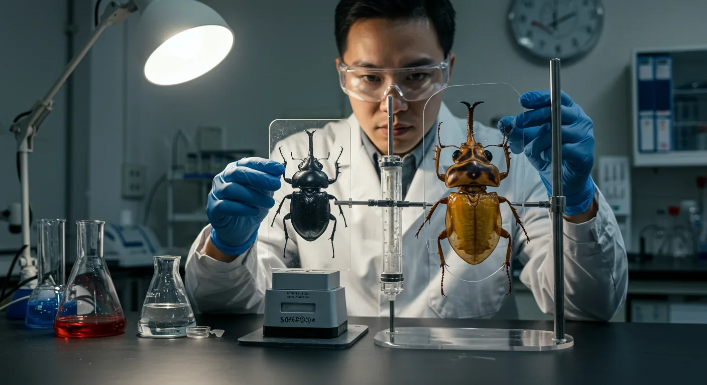 Researcher studying transparent bombardier beetle anatomy model showing two-chamber defense system