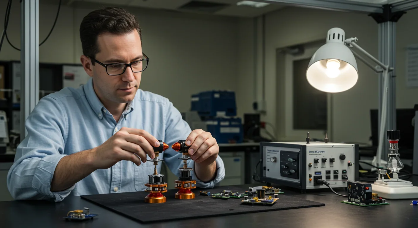 Engineer developing beetle-inspired micro-thruster prototypes for satellite propulsion systems