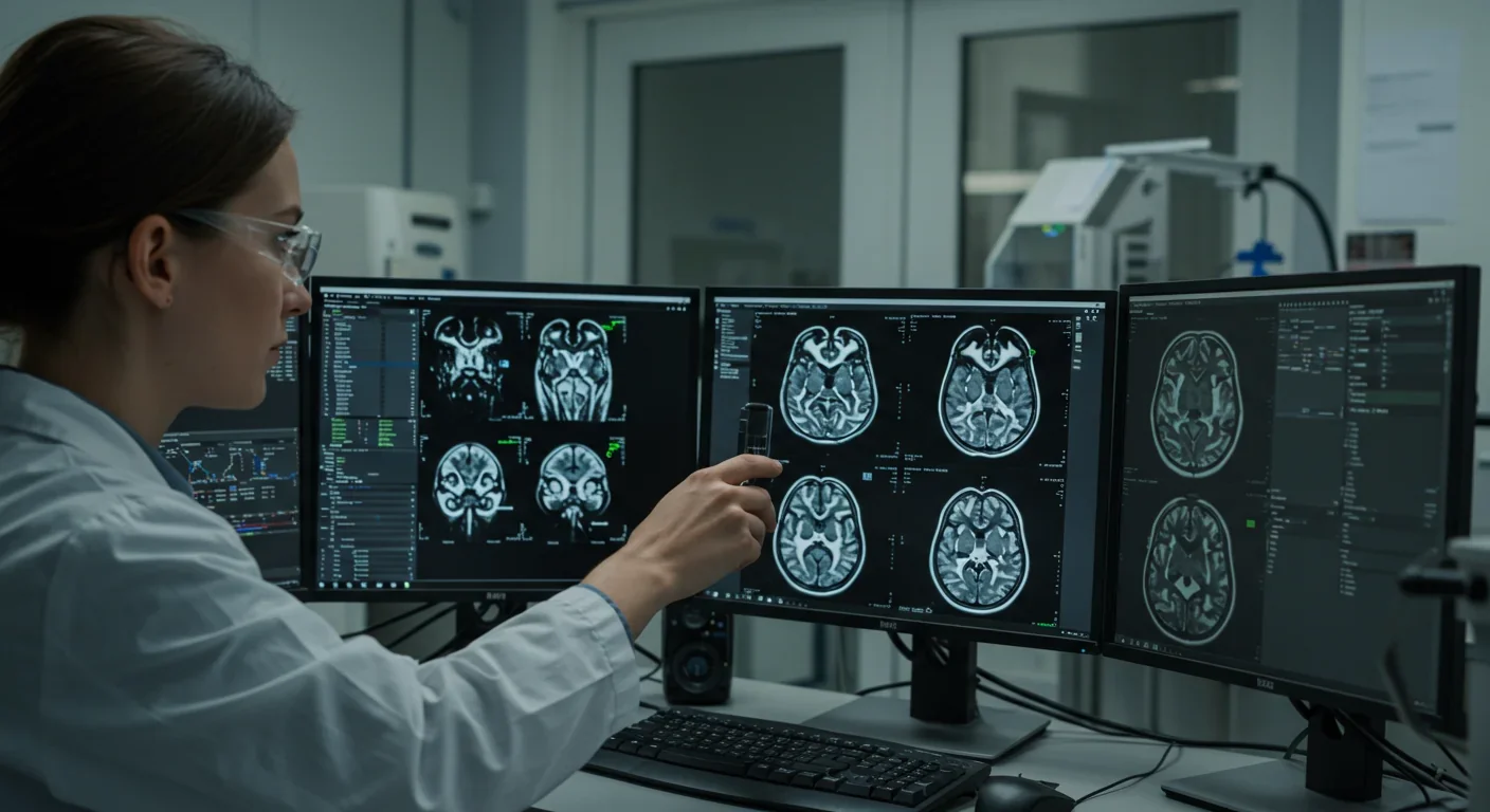 Neuroscientist analyzing brain scans showing moral reasoning regions highlighted in colorful imaging