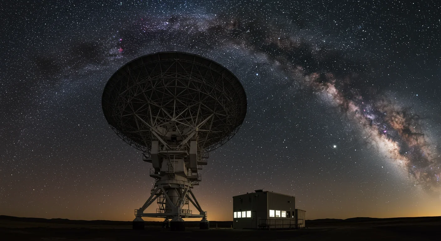 Radio telescope observing the Milky Way at night during SETI alien signal search