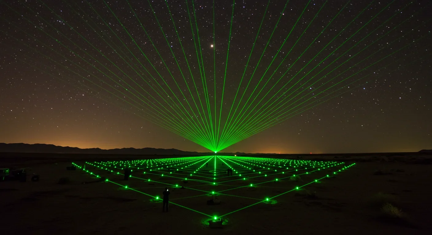 Massive ground-based laser array installation with thousands of emitters projecting coherent light beams toward the stars at dusk