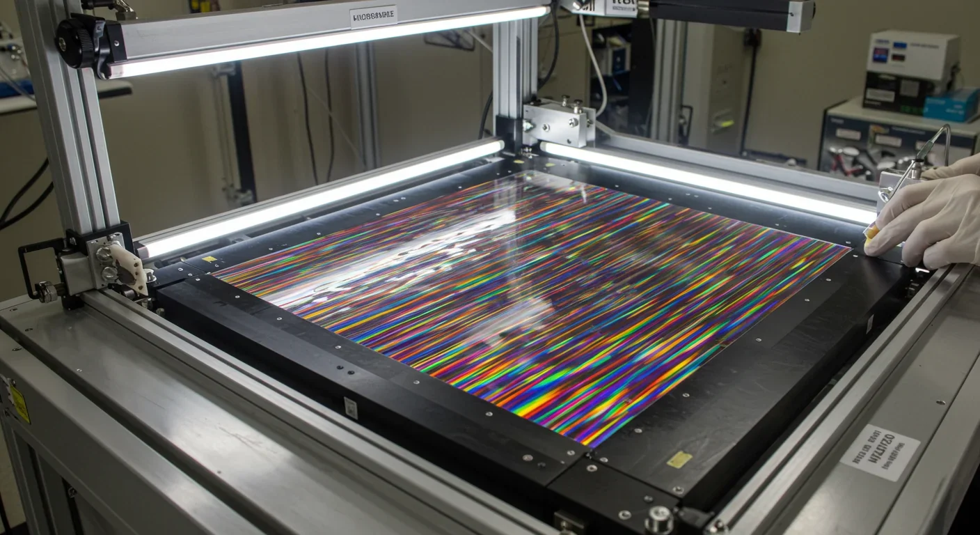 Ultra-thin silicon nitride lightsail material displaying rainbow interference patterns in a laboratory testing frame with precision measurement tools