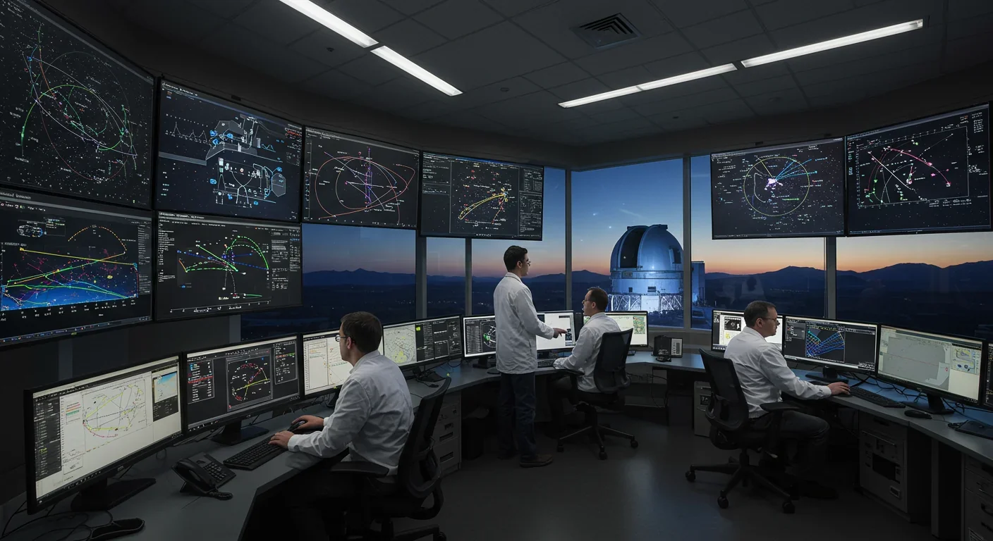 Mission control team monitoring star charts and interstellar object detection data on large screens with Vera C. Rubin Observatory visible in background