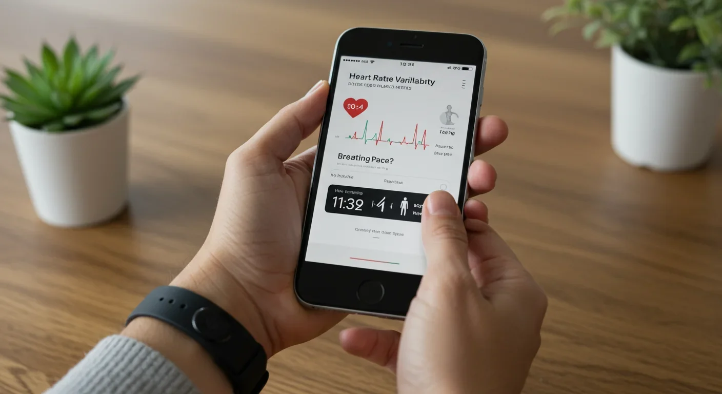 Smartphone screen showing heart rate variability biofeedback app with wearable fitness tracker on wrist