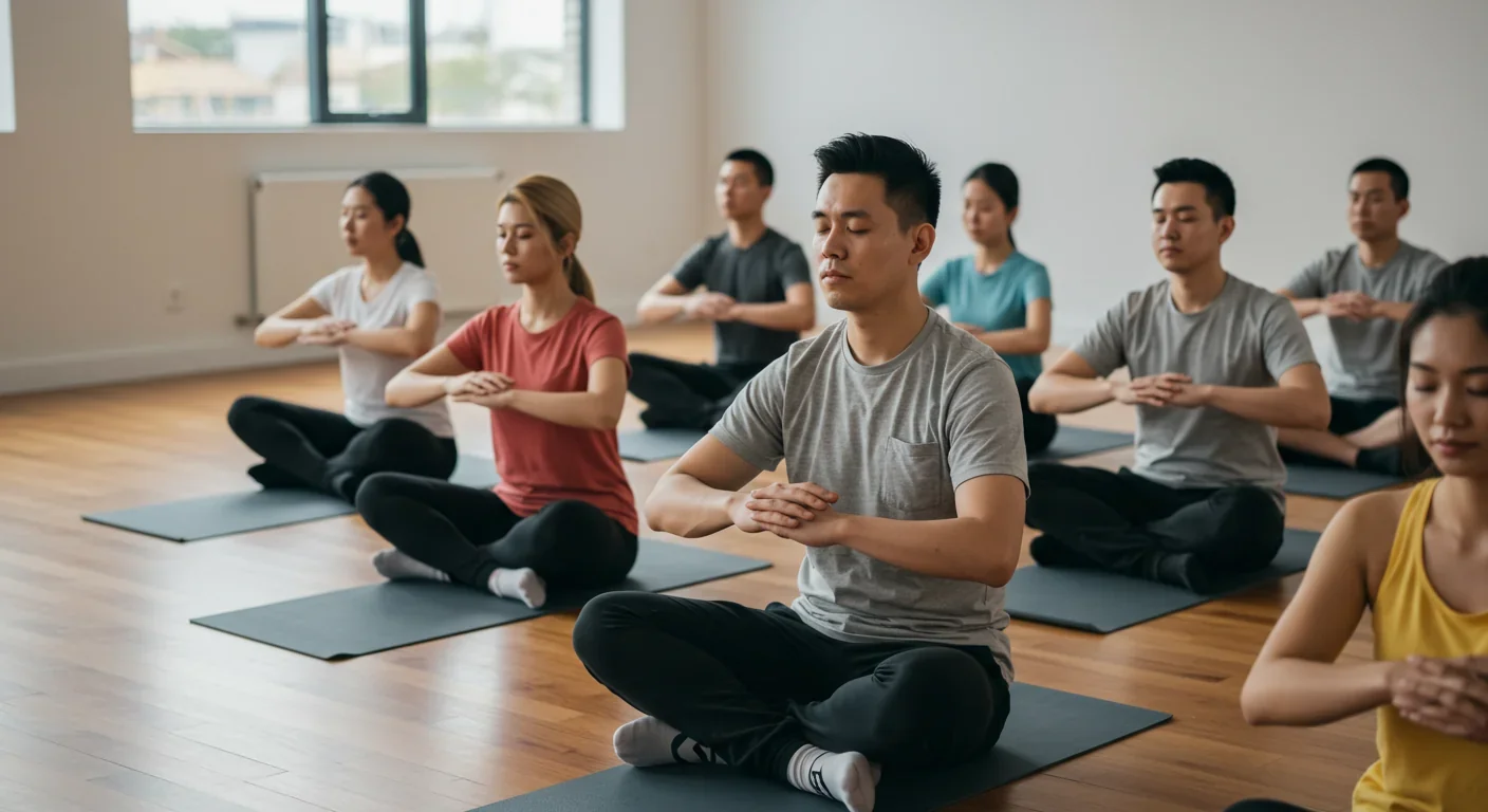 Diverse group of people practicing box breathing together in a community wellness class led by instructor