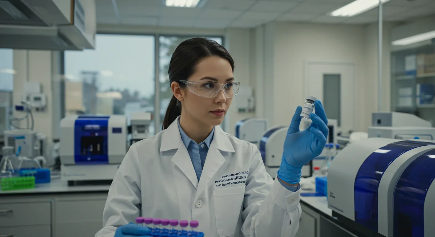 Researcher holding personalized mRNA cancer vaccine vial in modern immunotherapy laboratory