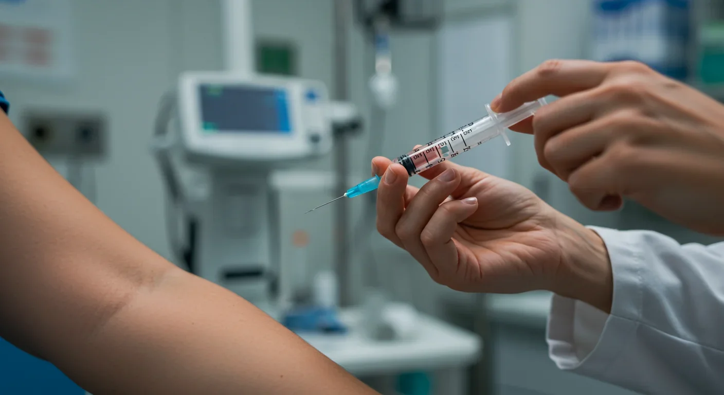 Healthcare professional administering therapeutic cancer vaccine injection to patient in clinical setting