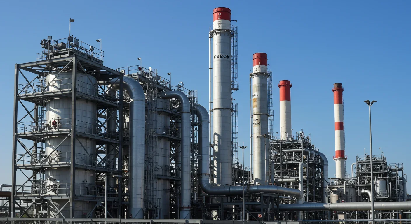 Industrial carbon capture facility with smokestacks and CO2 collection equipment