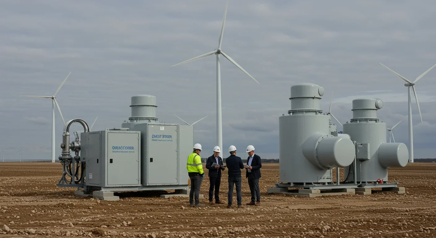 Engineers inspecting direct air capture units powered by renewable energy