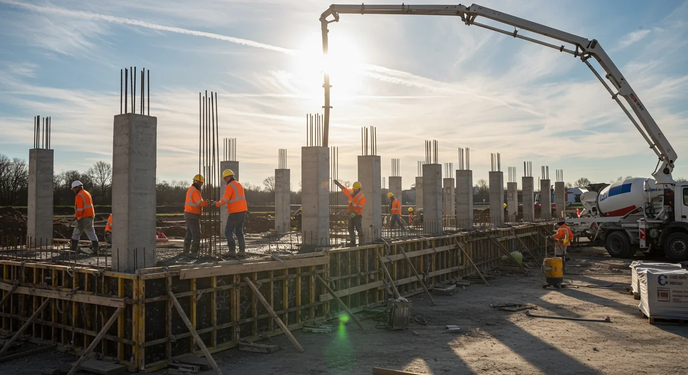 Workers pouring carbon-negative concrete at modern construction site with CO2 injection equipment visible on mixer truck