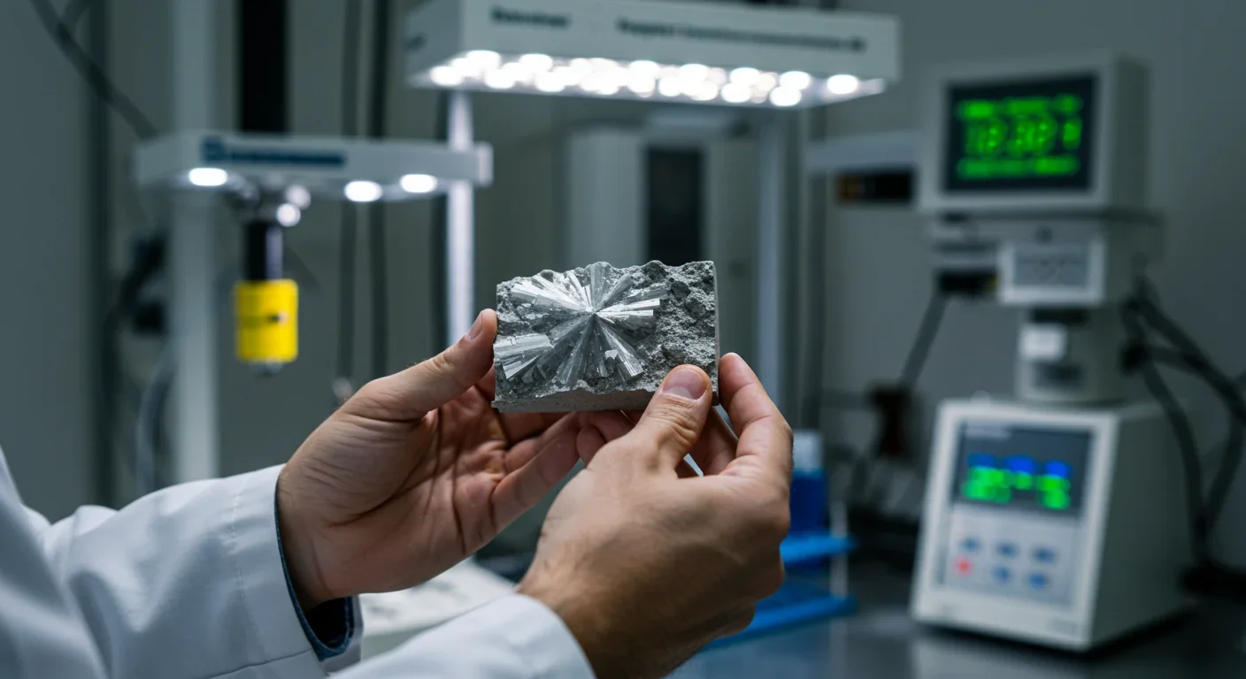 Scientist examining carbon-mineralized concrete sample showing calcium carbonate crystal structure in research laboratory