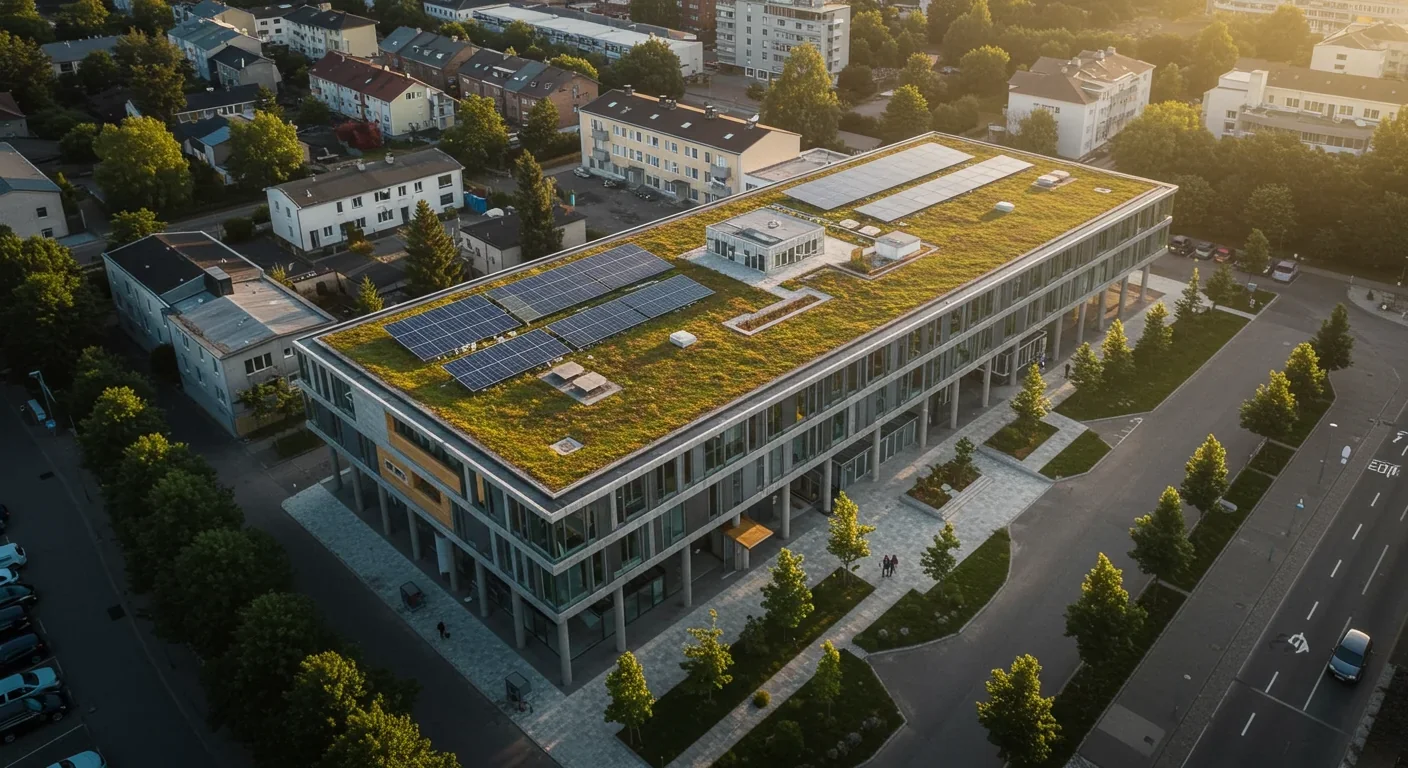 Aerial view of completed carbon-negative concrete building with green roof and solar panels in urban setting