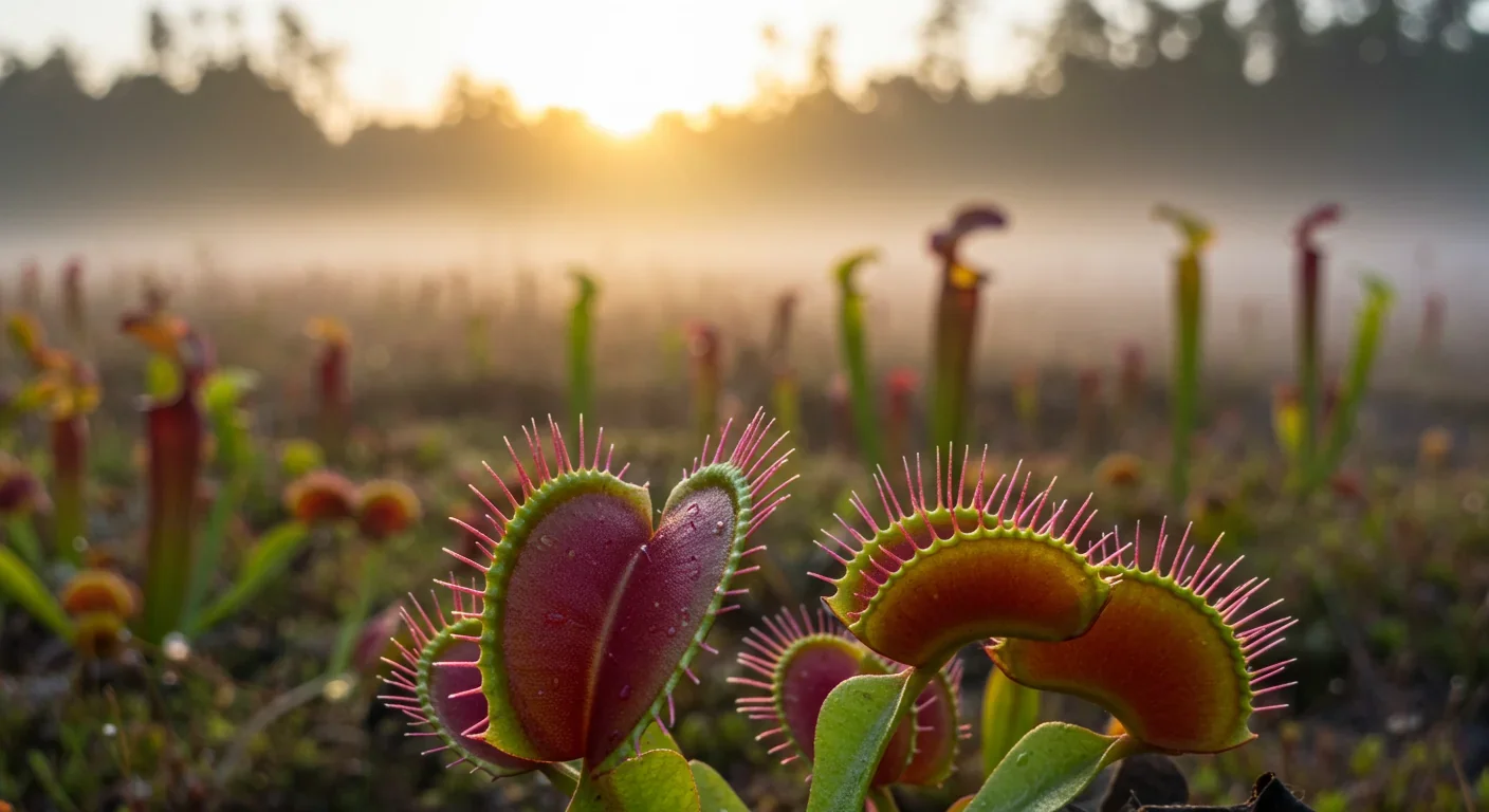 Venus flytrap with open trap displaying red trigger hairs in natural bog habitat at sunrise