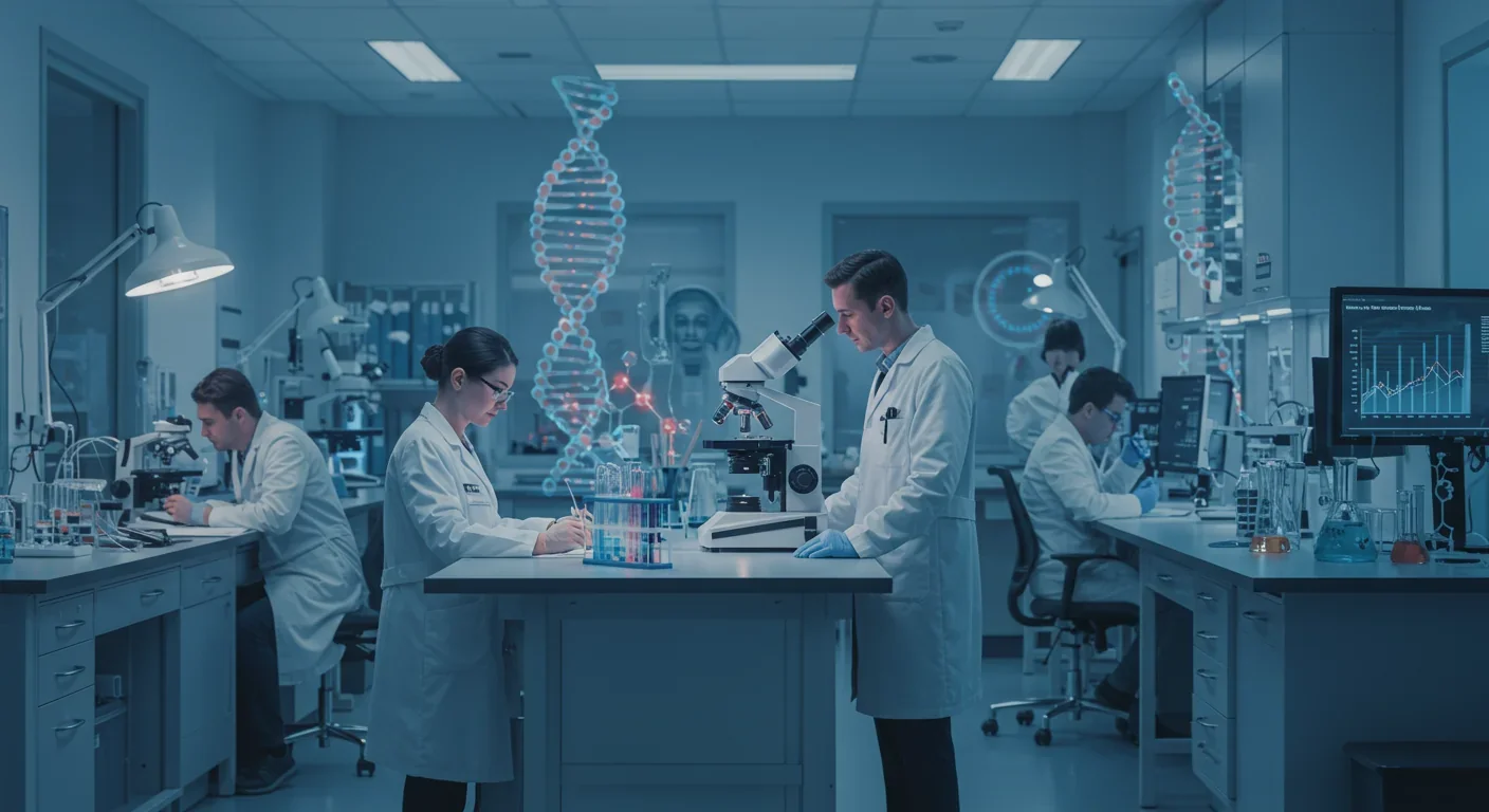 Scientists studying cellular reprogramming in a modern biotechnology laboratory with DNA models and microscopes