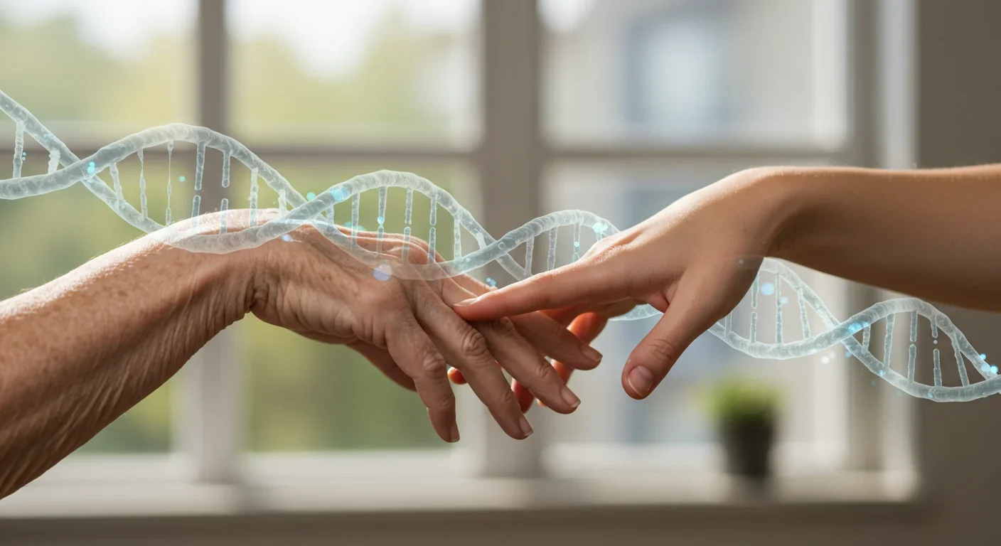 Elderly and young hands reaching toward each other with DNA strand visualization showing age reversal potential