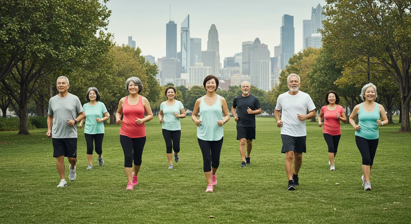 Active seniors exercising in a park with futuristic city skyline representing the future of healthy longevity