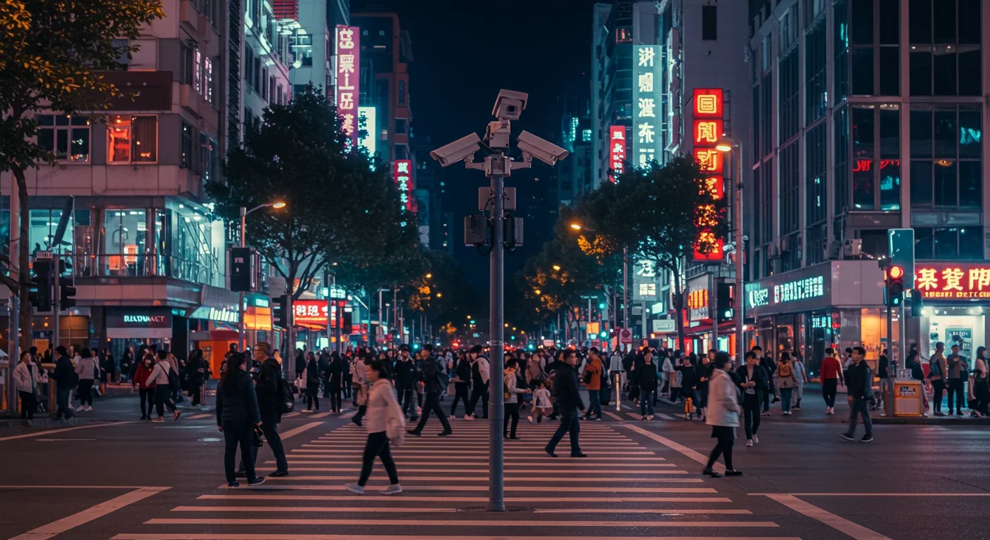 High-tech surveillance cameras monitoring a busy pedestrian crossing in a modern Chinese city at night