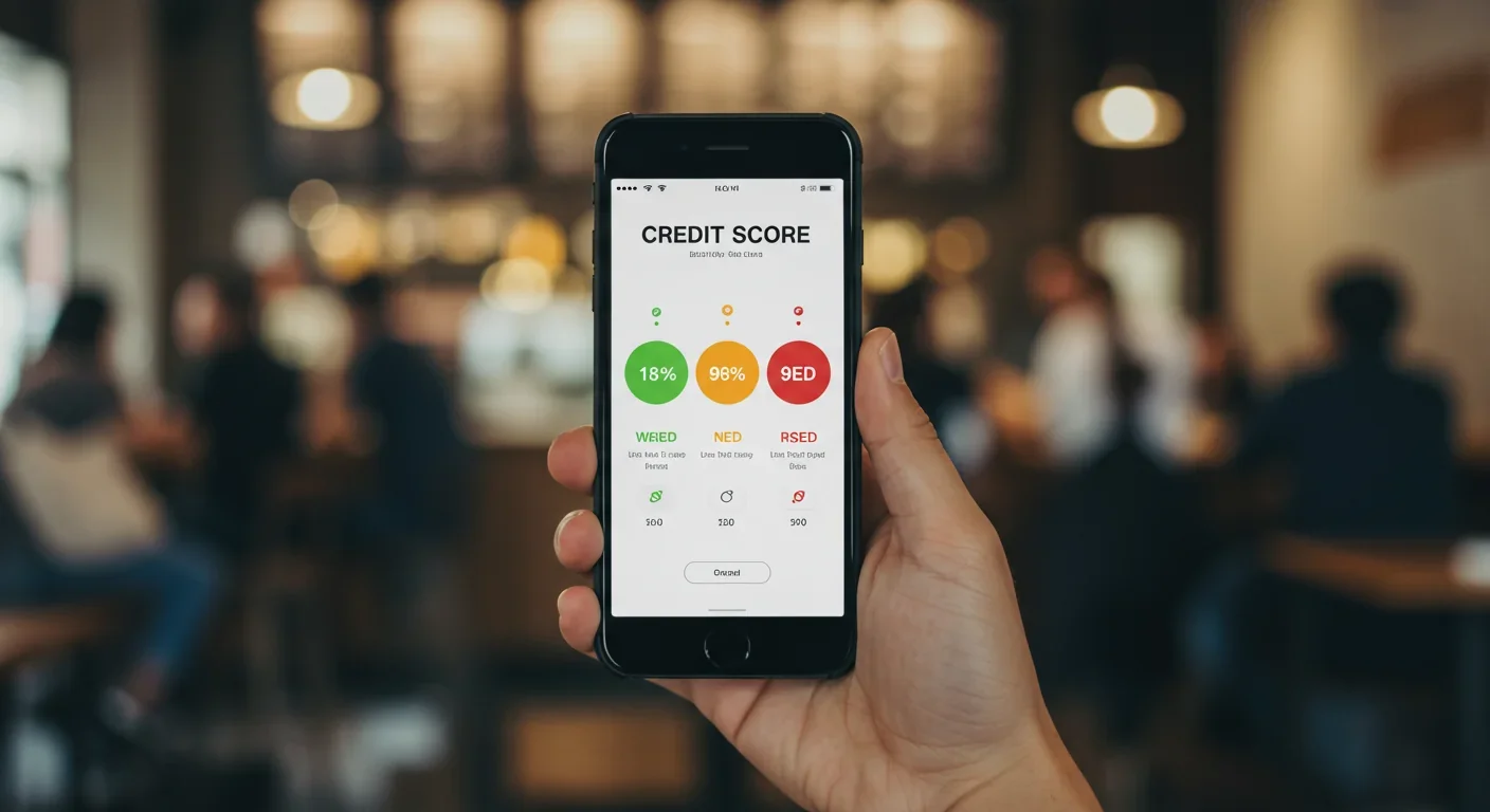 Smartphone displaying a credit score application with color-coded status indicators in a public setting