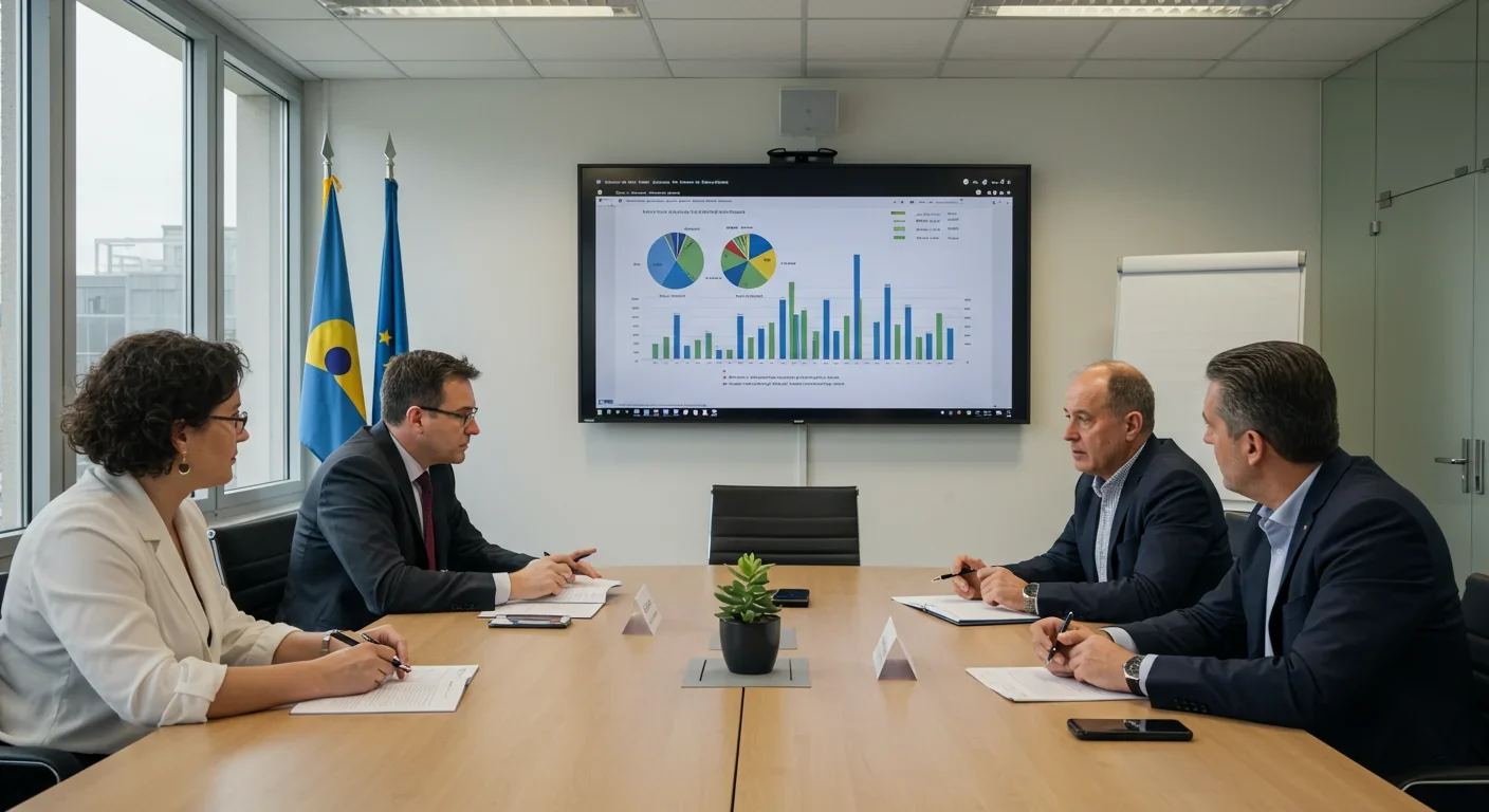 Municipal officials reviewing city budget documents and financial projections in a professional conference setting