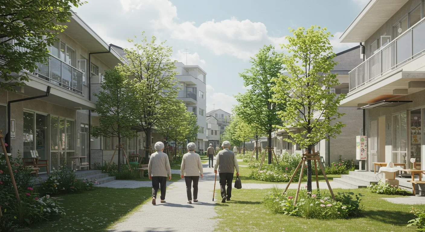 Elderly residents in a Japanese compact city neighborhood designed for aging population with accessible infrastructure