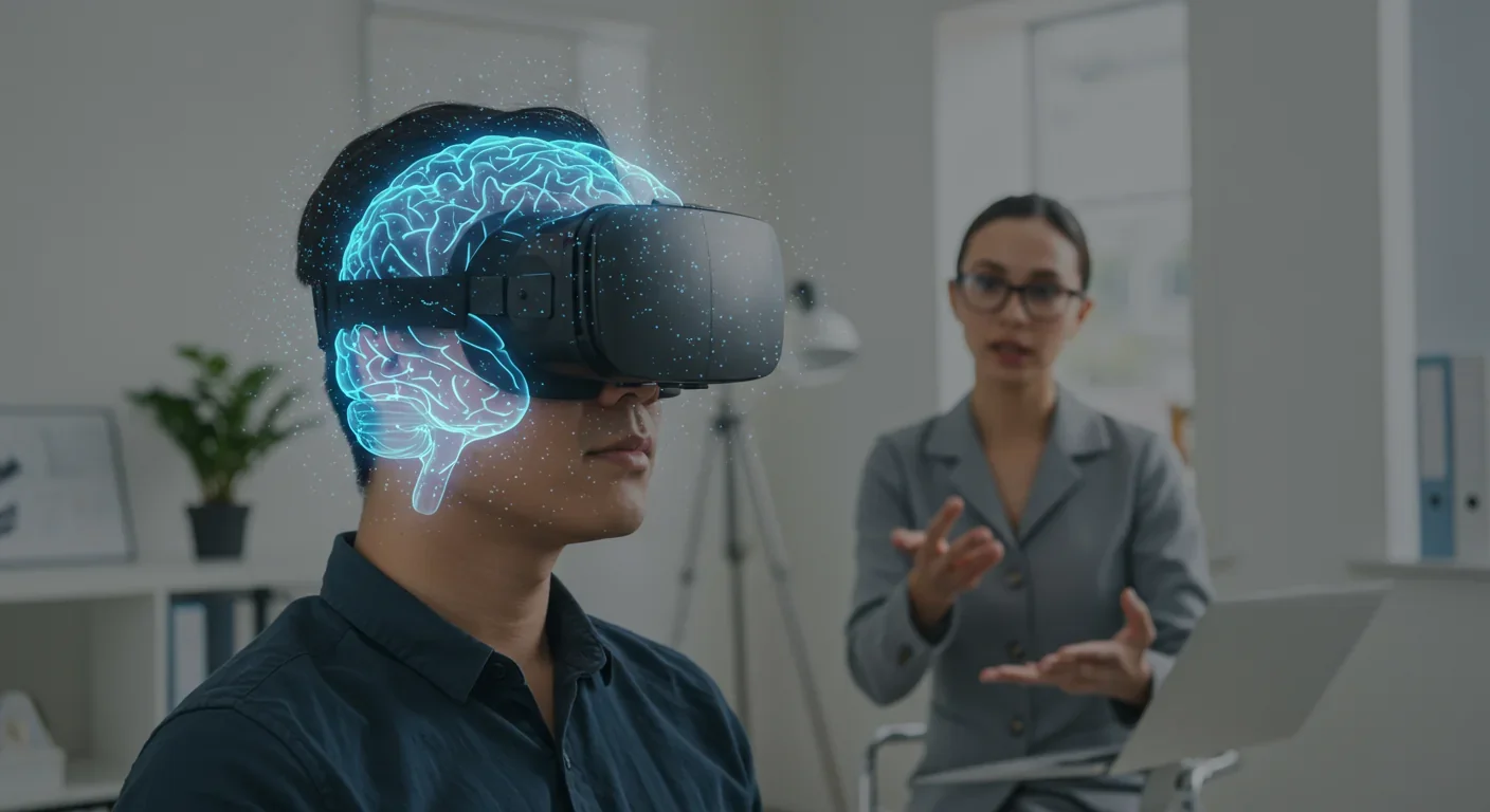 Patient using VR headset for empathy training with visible neural activity patterns