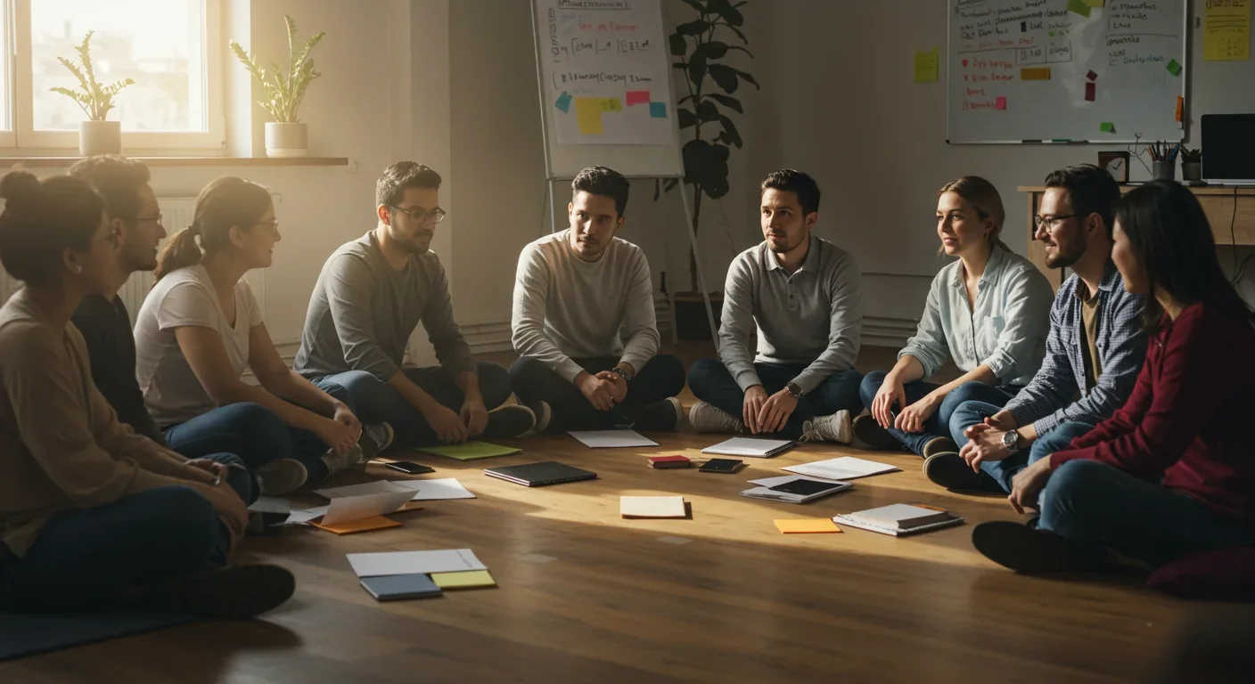 Diverse group practicing empathy exercises in supportive circle setting