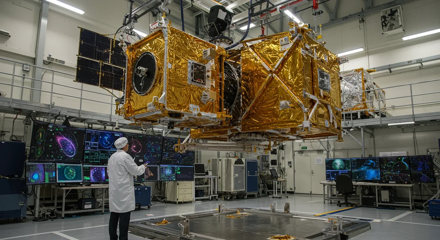 Scientist examining CMB satellite components in a clean room testing facility with data displays